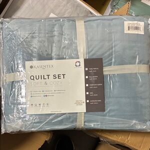 Twin Size Grey Blue Stone-Washed Box Stitched Ultra Soft Quilt Set - 1801-GB-T